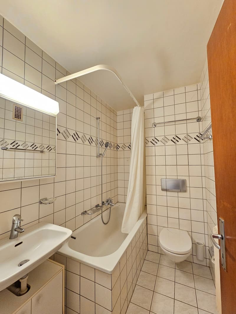 Bathroom with bathtub, toilet, sink, and mirror