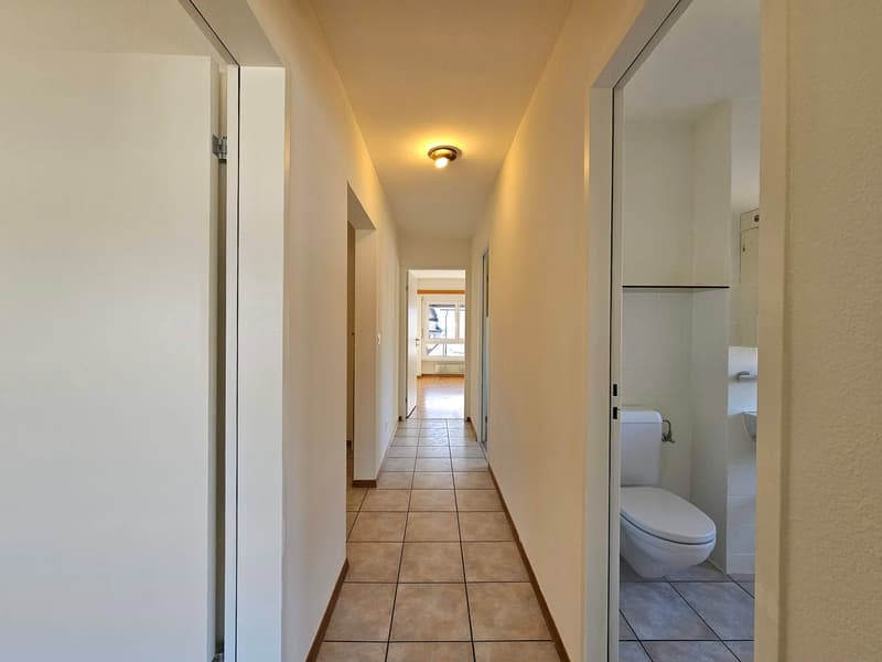tiled hallway, light on ceiling, hallway leading to bathroom