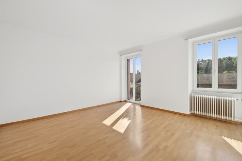 Spacious room with hardwood flooring, large windows providing a view of the outdoor scenery, and a radiator heating system.