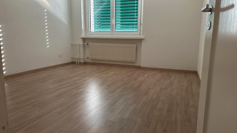 Empty room with hardwood flooring, white walls, and a window with green blinds.
