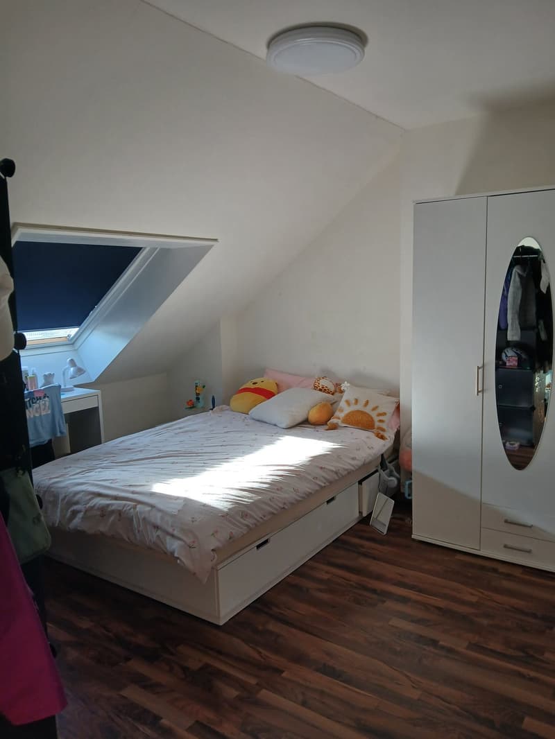 Bedroom with a bed, pillows, white bedsheets, wardrobe with mirror, desk with lamp, wooden floor, skylight window