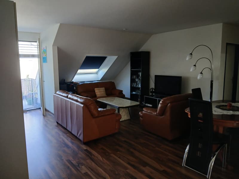 wooden floors, beige walls, two couches, center table, television, bookshelves, attic with window, lamp, table and chairs, entrance with glass door