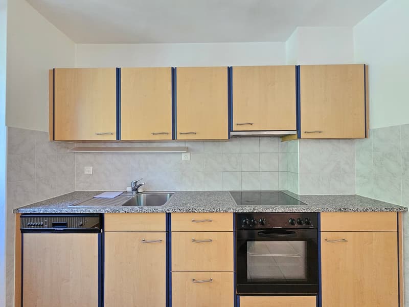 Wooden cabinets, marble countertop, sink, dishwasher, oven, electric stove, wooden flooring, power outlets, tiles on walls
