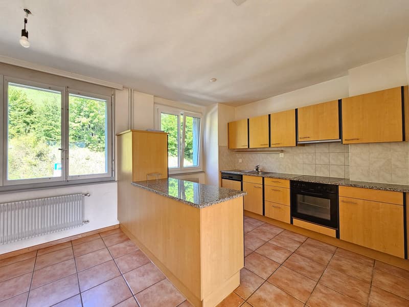 kitchen with island, wooden cabinets, granite countertop, electric stove, dishwasher, windows with views, radiator