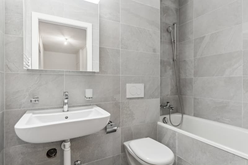 A modern bathroom with a white sink, shower, and toilet against a gray tiled wall, with a mirror.
