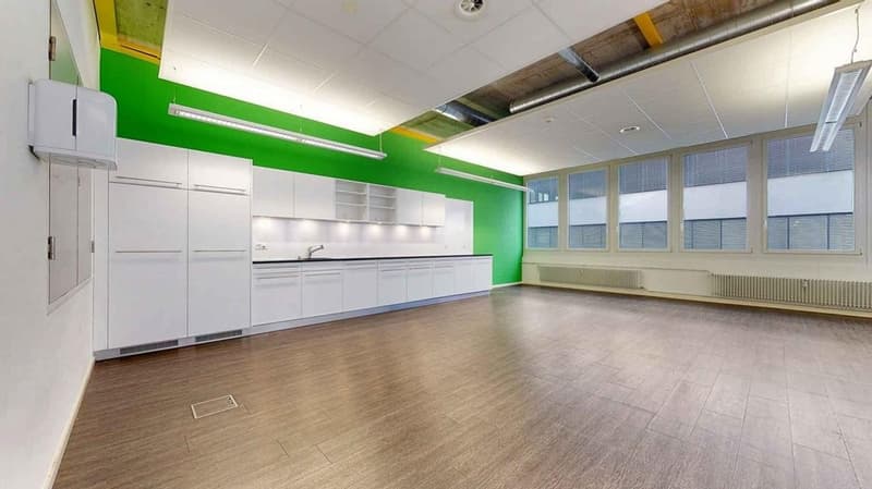 modern kitchen with wooden floors, white cabinets, green wall, kitchen with sink and cabinets, radiator, ceiling lamps, large windows