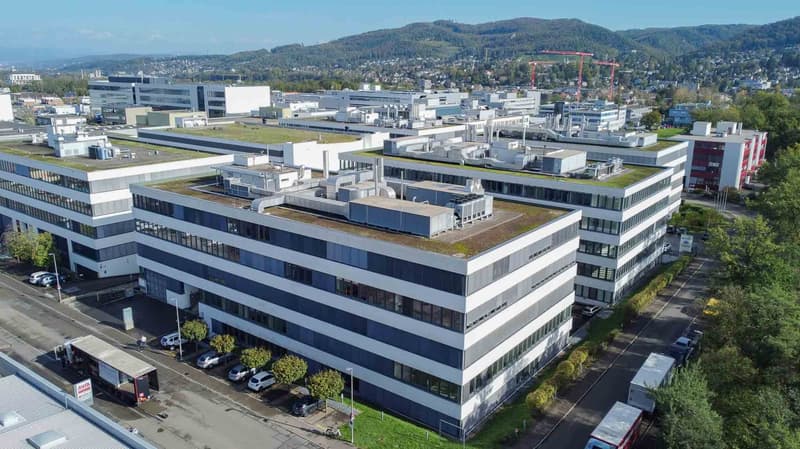 multiple floors, large parking lot, grass-covered roofs, modern office architecture
