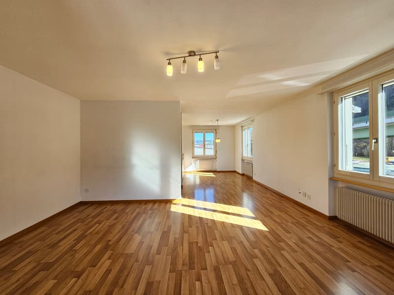 empty room, wooden floor, white walls, windows, radiators, ceiling lights
