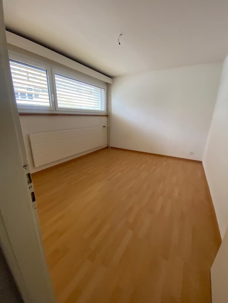 Empty room with hardwood floors, white walls, and white ceiling. A window with blinds and a radiator against the wall.