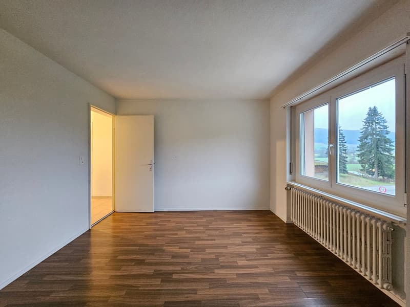 Wooden floor, white walls, large windows, door to another room, radiator