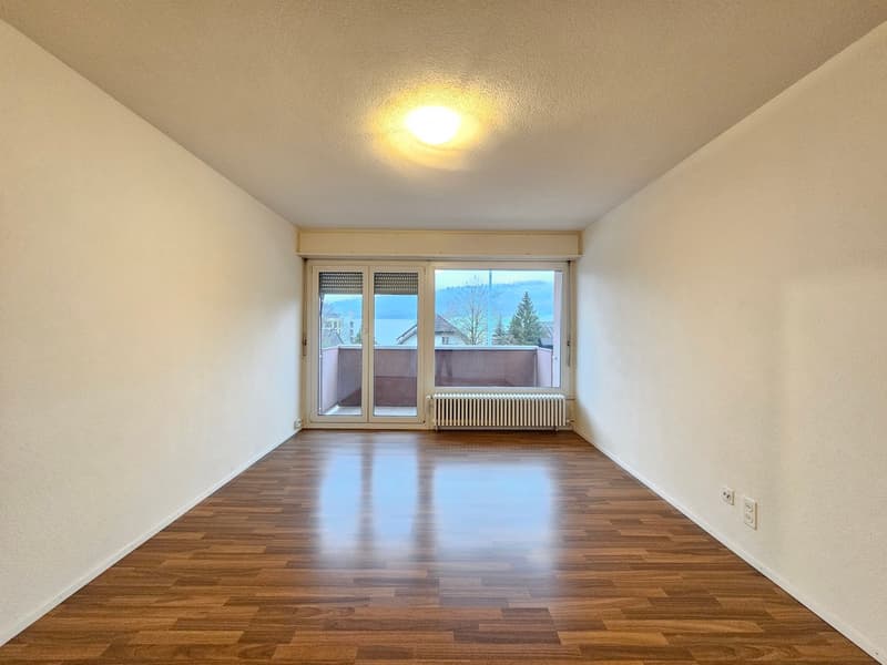 Empty room, white walls, wooden floor, glass sliding doors to a balcony, ceiling light