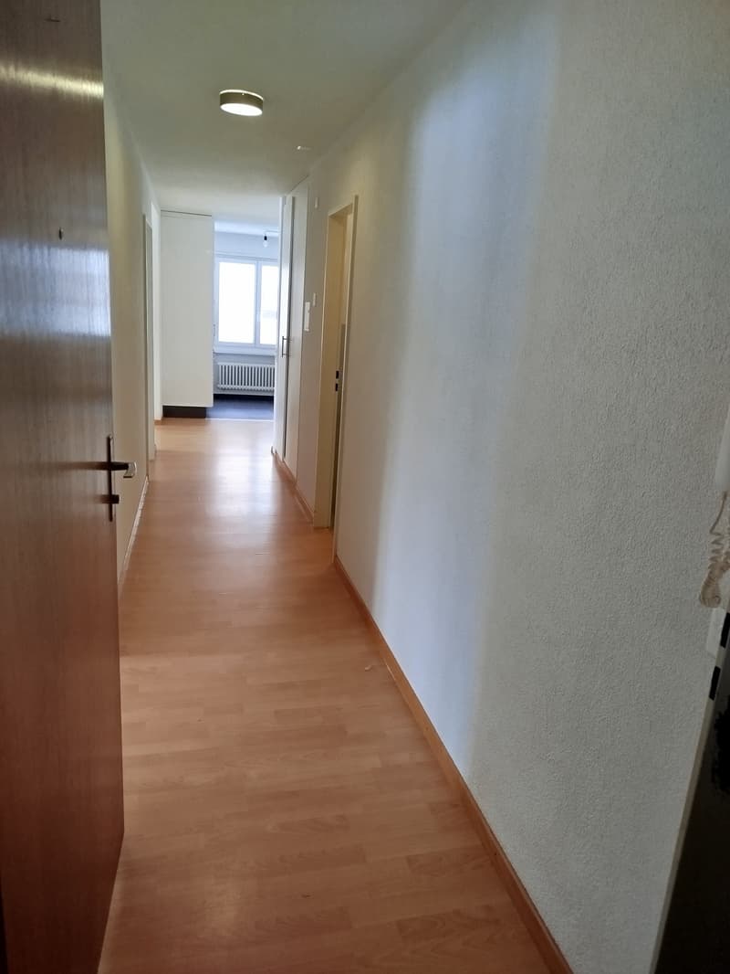 Wooden floor, white walls, ceiling light, hallway leads to rooms
