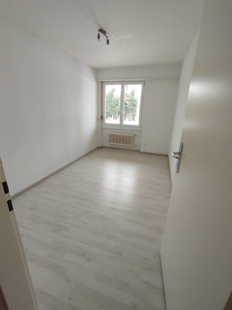 Empty room, white walls, wooden floor, white radiator, window