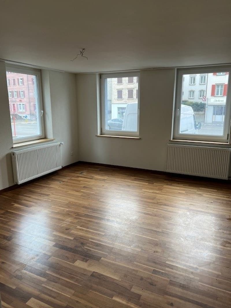 empty room, hardwood floor, white walls, radiators, windows with views of the street