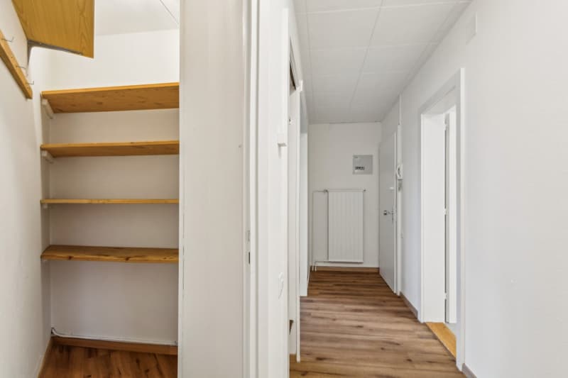 empty hallway with wooden floors, radiator, closed doors, built-in shelves