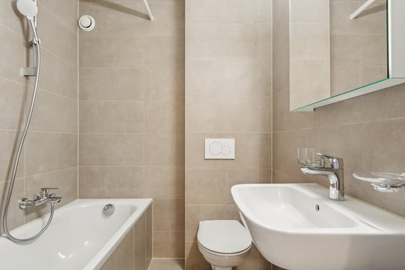 Bathtub, toilet, sink, mirror, shower head