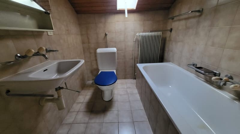 White sink, blue toilet, white bathtub, heating radiator, mirror above sink