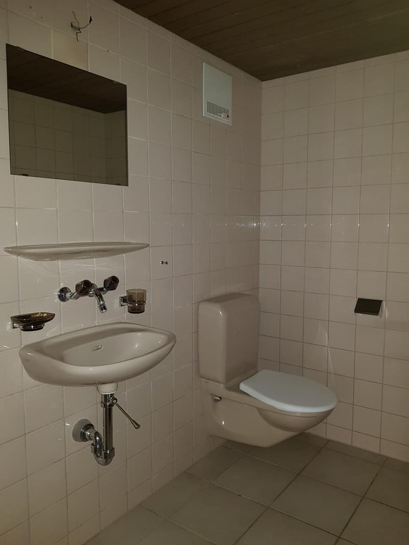 Bathroom: white tiled wall, toilet, sink, mirror, soap dish, tissue holder