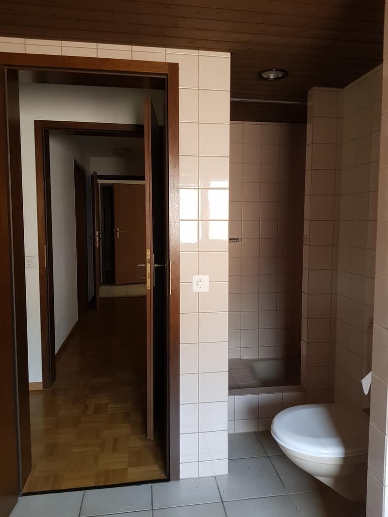 Bathroom with toilet, shower, and wooden floors