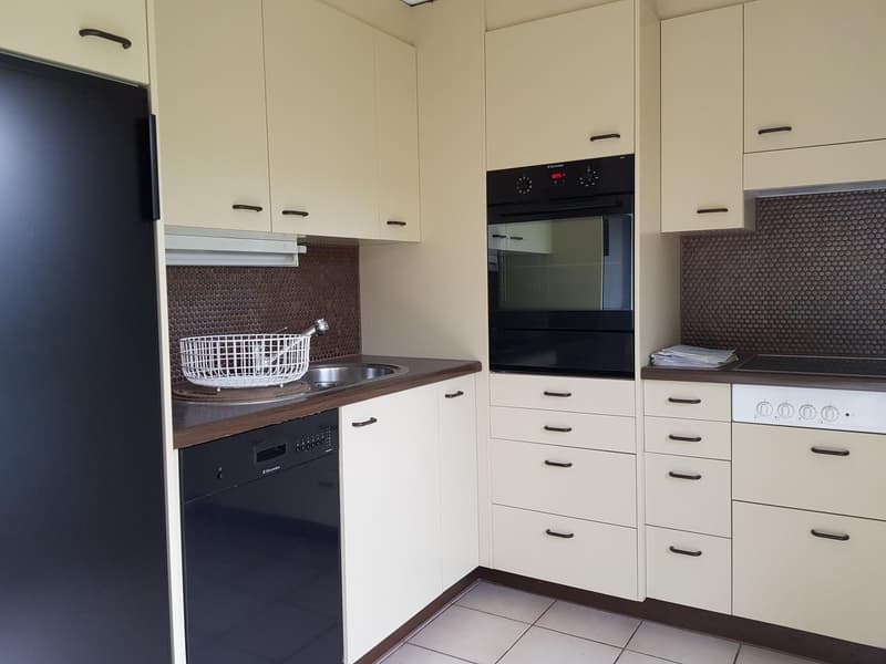 White cabinetry, black counter top, stainless steel sink, integrated dishwasher, electric oven, dishwasher, tiled floor.