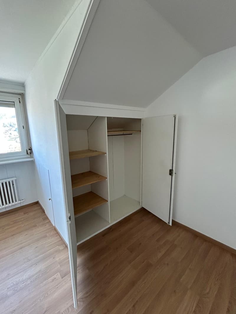 Empty room with wooden floor, white walls, built-in wardrobe with shelves and hanging space, window with white frame, and a white radiator.