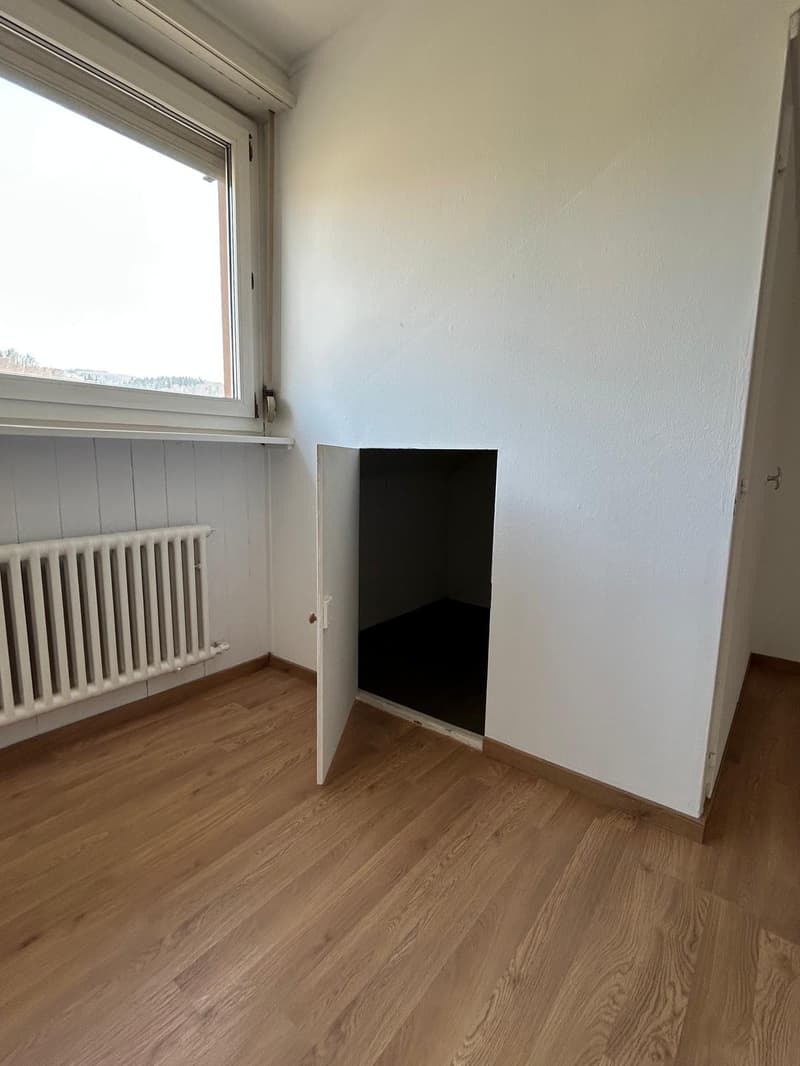 empty room, wooden floor, white walls, window, radiator, small storage space
