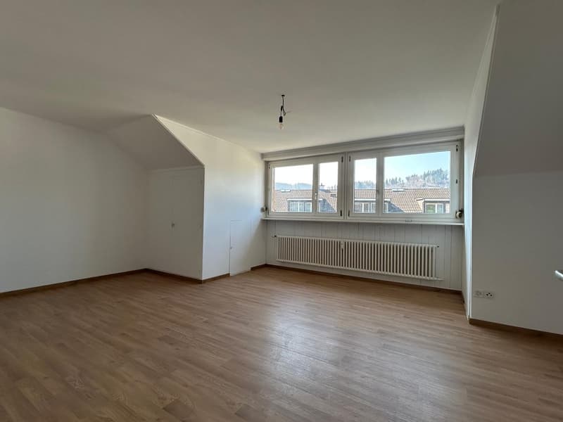 empty room, wooden floor, white walls, large window, radiator, light fixture