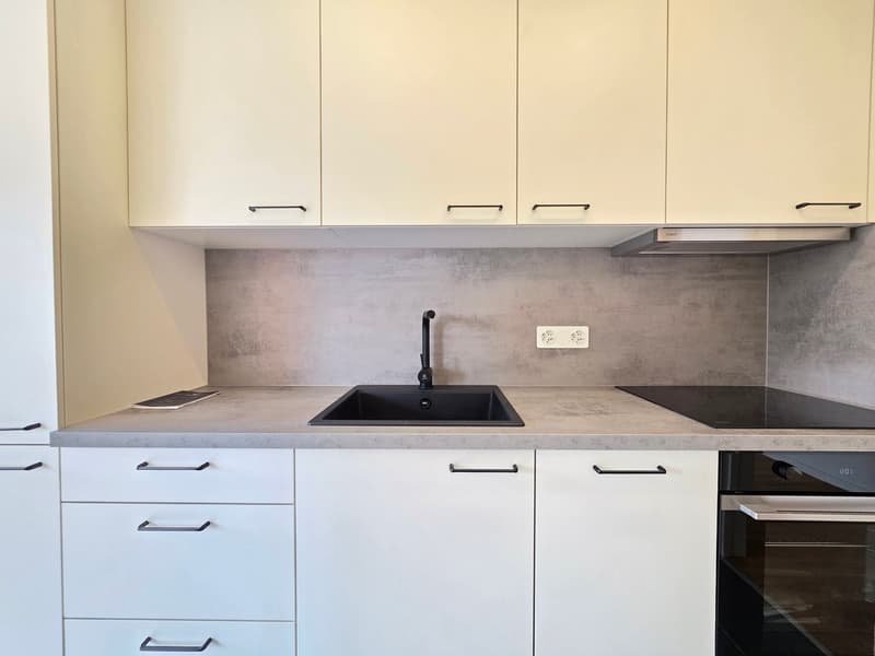 modern kitchen with white cabinets, gray countertops, black sink, black stove, and a dishwasher