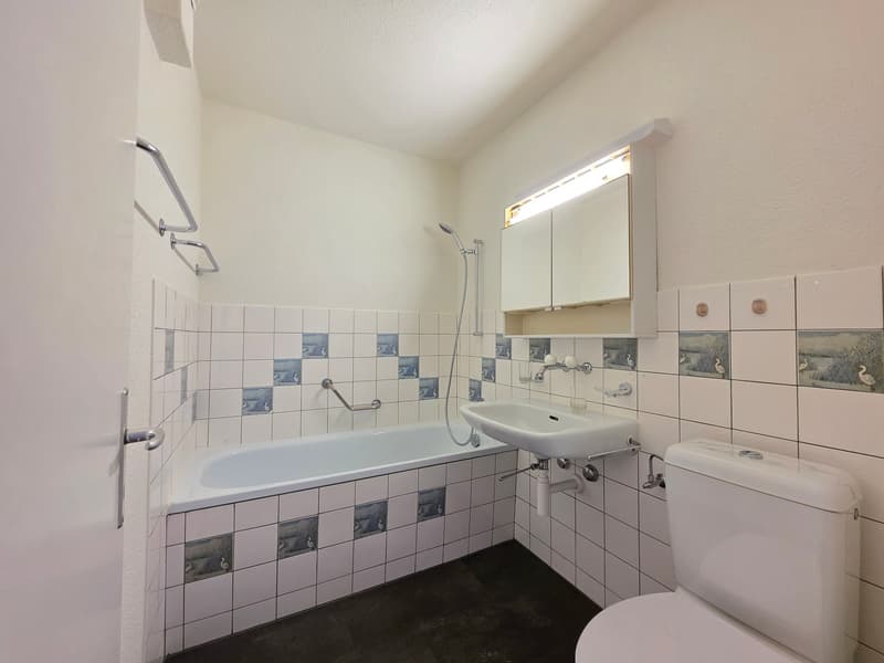 Bathroom with bathtub, sink, toilet, white tiles, shower head, grab bars, mirror, cabinets