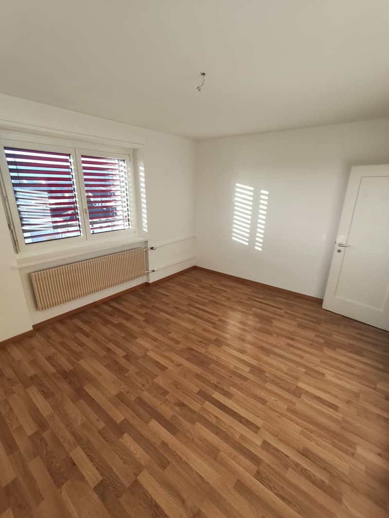 empty room, wooden floor, white walls, window with blinds, radiator