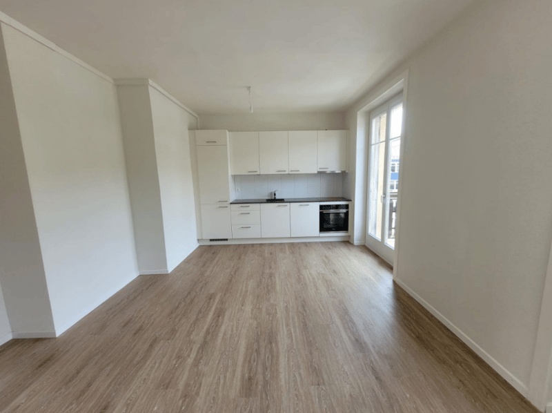 Open-concept living space with white walls, hardwood flooring, and a modern kitchen with white cabinets and a built-in dishwasher