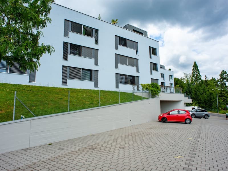 white apartment building, 5 floors, 2 parking spots, grass lawn on slope, fenced