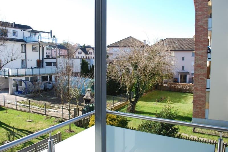 View of a large balcony with railings, a garden with grass and a tree, other houses in the background.