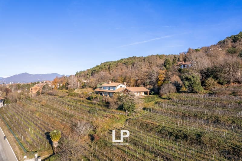 Two-story house surrounded by a vineyard on a hillside, with mountains in the background and a clear blue sky. The property appears to be located in a rural, scenic area with trees and vegetation.