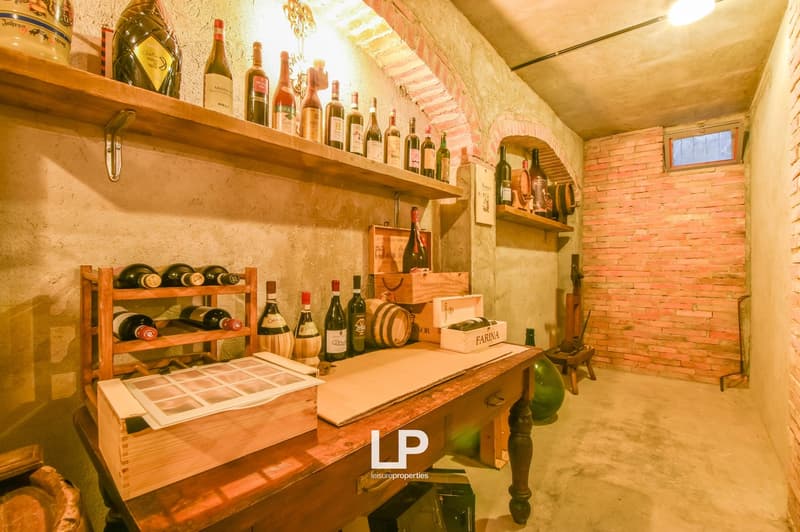 Wine cellar with wooden shelves, bottles, barrels, and wine racks