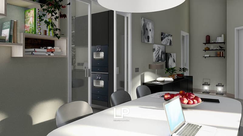 Dining room with a table, laptop, fruits, chairs, cabinets, lamps, shelves, and picture frames