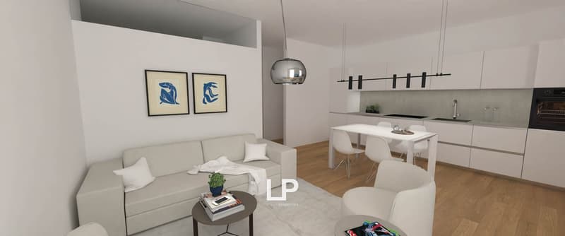 Living room with modern design, gray couch, white chair, round table, open kitchen with white table and chairs, gray cabinet, black oven