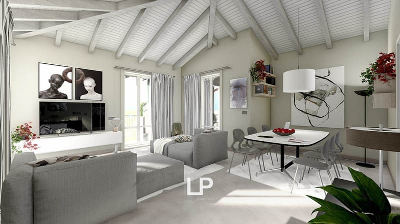 large living room, gray couches, dining table, fireplace, glass door, white ceilings, white floors, artwork