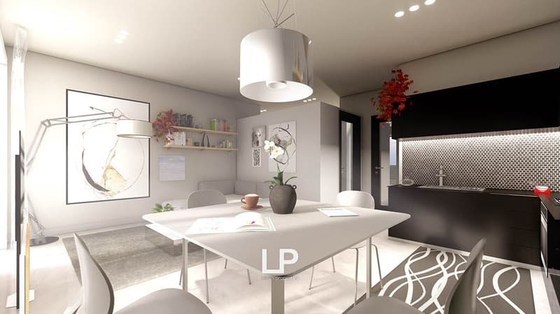open plan dining area and kitchen, table, 4 chairs, modern design, carpet, open cabinets, dark countertops, kitchen island with sink, coffee cup, flowers, red decor