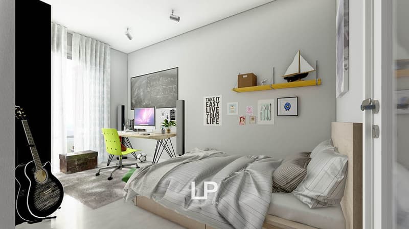 Spacious bedroom with grey walls, large windows, a desk with a computer, a guitar, and various wall decor including a chalkboard, motivational quote, and framed artwork. The room also features a bed with grey and white bedding, a yellow office chair, and