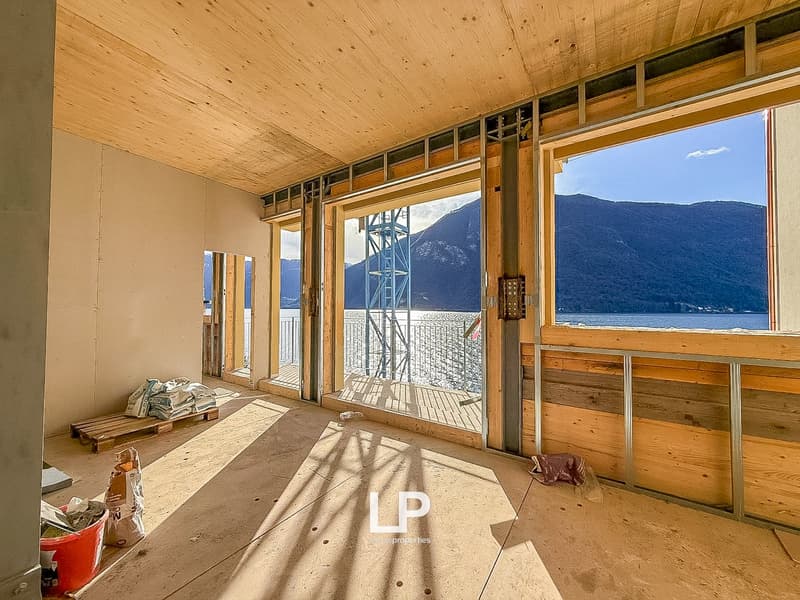 empty room, wooden ceiling, glass doors, wooden flooring, construction materials
