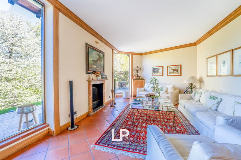 Spacious living room with large windows, hardwood trim, tile flooring, fireplace, area rug, and various decorative elements such as artwork and plants