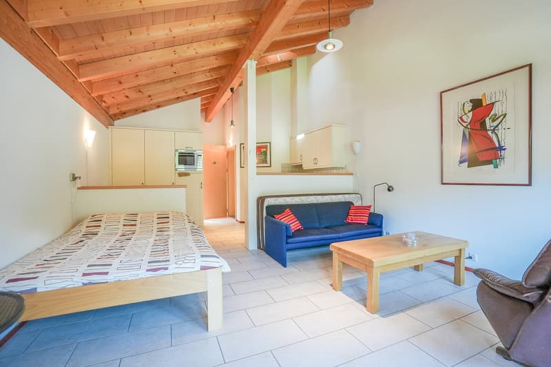 Open-plan studio apartment with wooden ceiling beams, white walls, tiled flooring, a double bed, a blue sofa, a coffee table, and a kitchenette area with cabinets and appliances. There is also a framed artwork on the wall.
