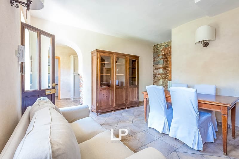 Spacious living room with a wooden cabinet, a dining table with blue chair covers, and a fireplace. The room has a cozy and rustic feel with a mix of modern and traditional elements.