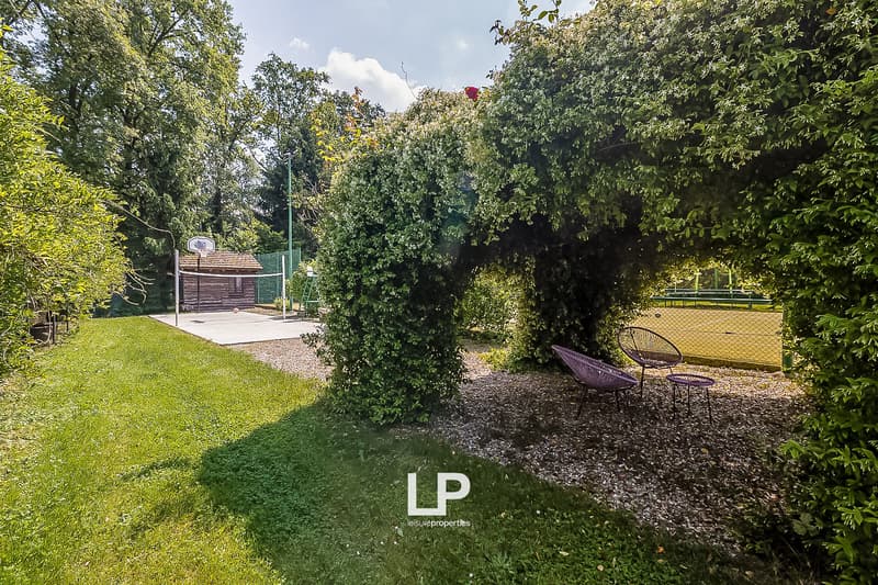 Lush green garden with trees, a basketball hoop, and a seating area with a purple chair on a gravel path