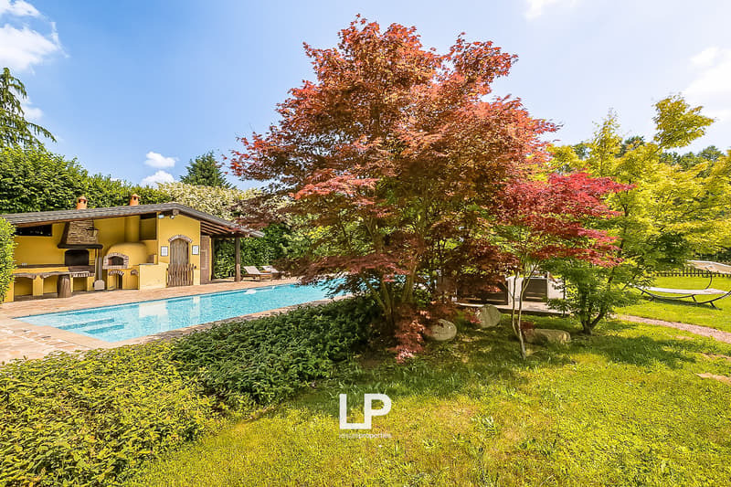 2-story house with a swimming pool, outdoor kitchen/grill area, and a large tree with vibrant fall foliage in the backyard