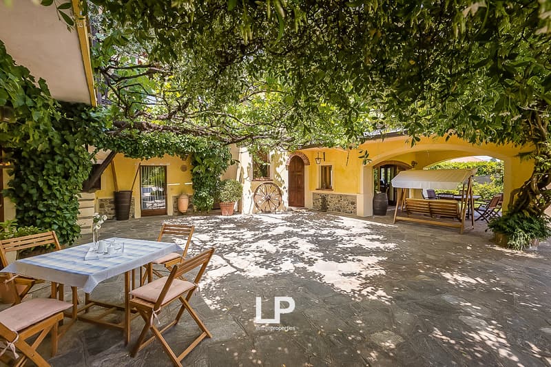 Charming yellow house with stone walls, covered patio area with wooden furniture, large tree providing shade, stone paved courtyard