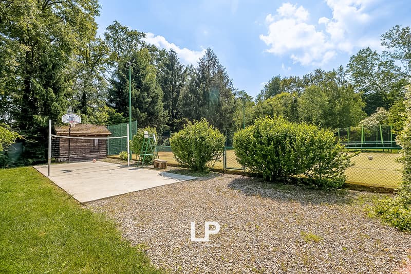 basketball court, net, small bench, swimming pool in the background, fenced, trees, clear sky