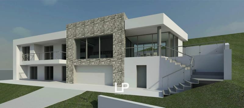 Two-story modern house with a stone facade, large windows, and a garage. The house has a minimalist, contemporary design with clean lines and a flat roof. There is a parking space in front of the house.