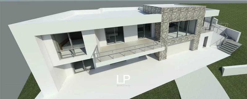 Two-story modern house with a flat roof, large windows, and a stone facade. The house has a balcony or terrace on the upper level.